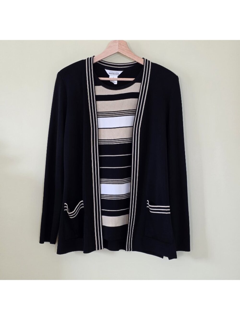 Vtg Exclusively Misook Womens S  Black Beige White 2 Piece Set Cardigan Tank Top